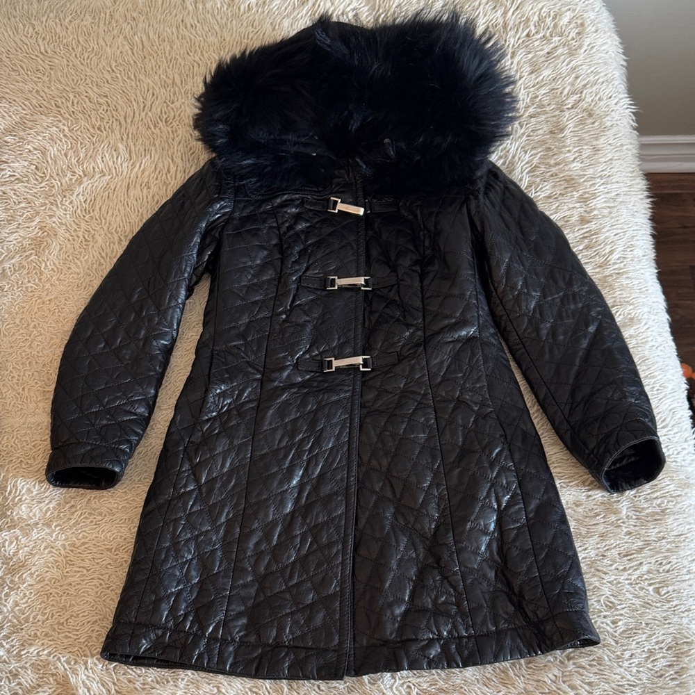 Chic Black Quilted Leather Jacket with Real Rabbit Fur Trim Hood